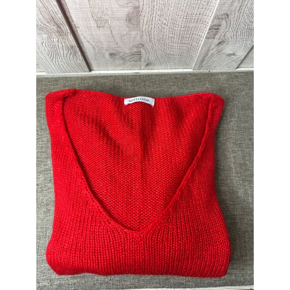 Misslook Womens Red V-Neck Knit Sweater Acrylic Long Sleeve Pullover Size M - Picture 3 of 8